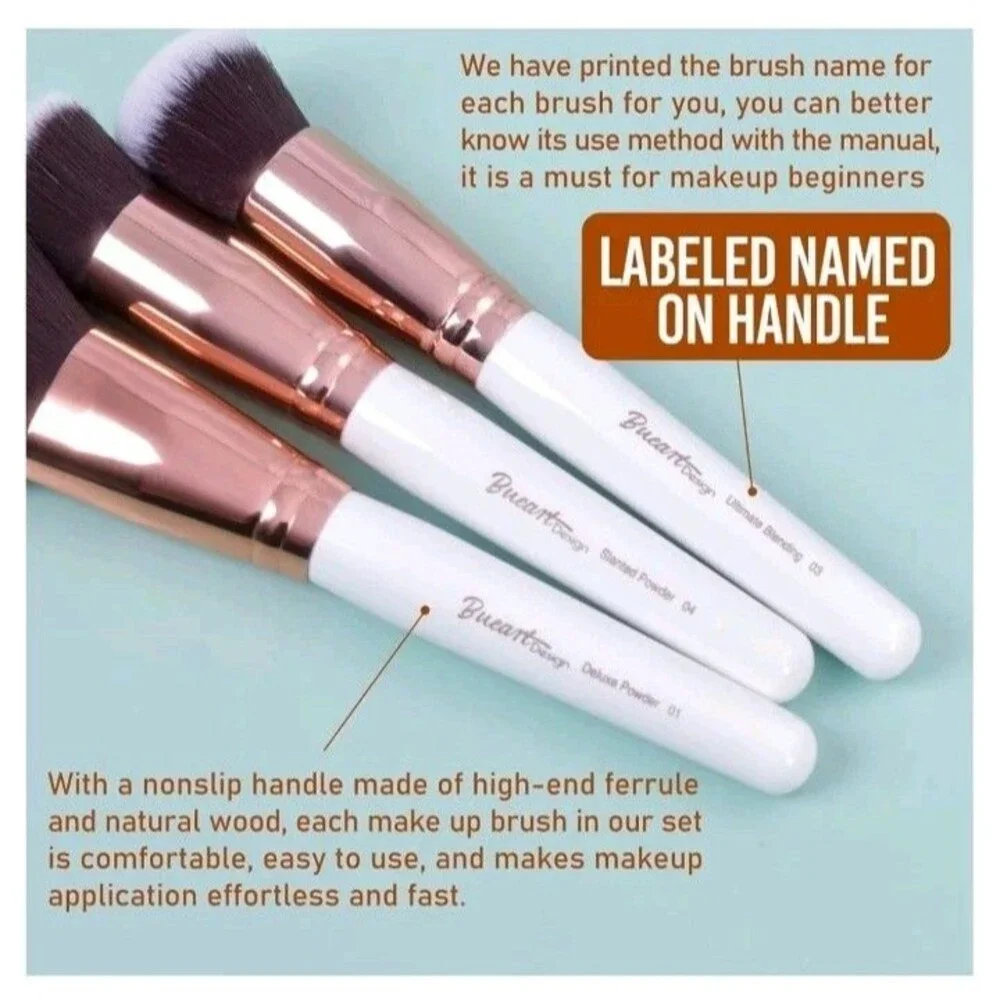 16Pcs Makeup Brush Set ULTRA SOFT White & Rose Gold Bueart Design New With Box!